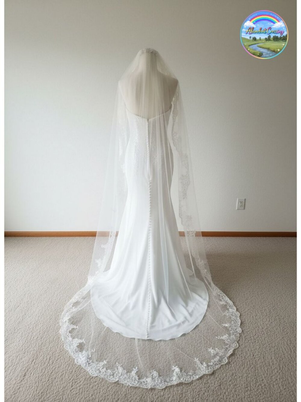 Cathedral Wedding Veil 1 Tier Lace Applique Bridal Veil Long Tulle Veil with